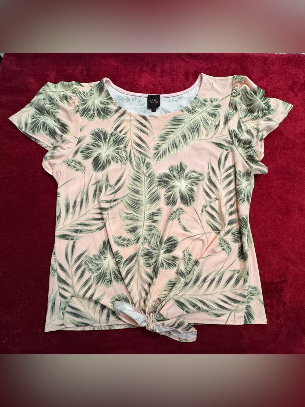 W5 Light Pink Tropical Knot-Front Tee with Green Leaf Print
